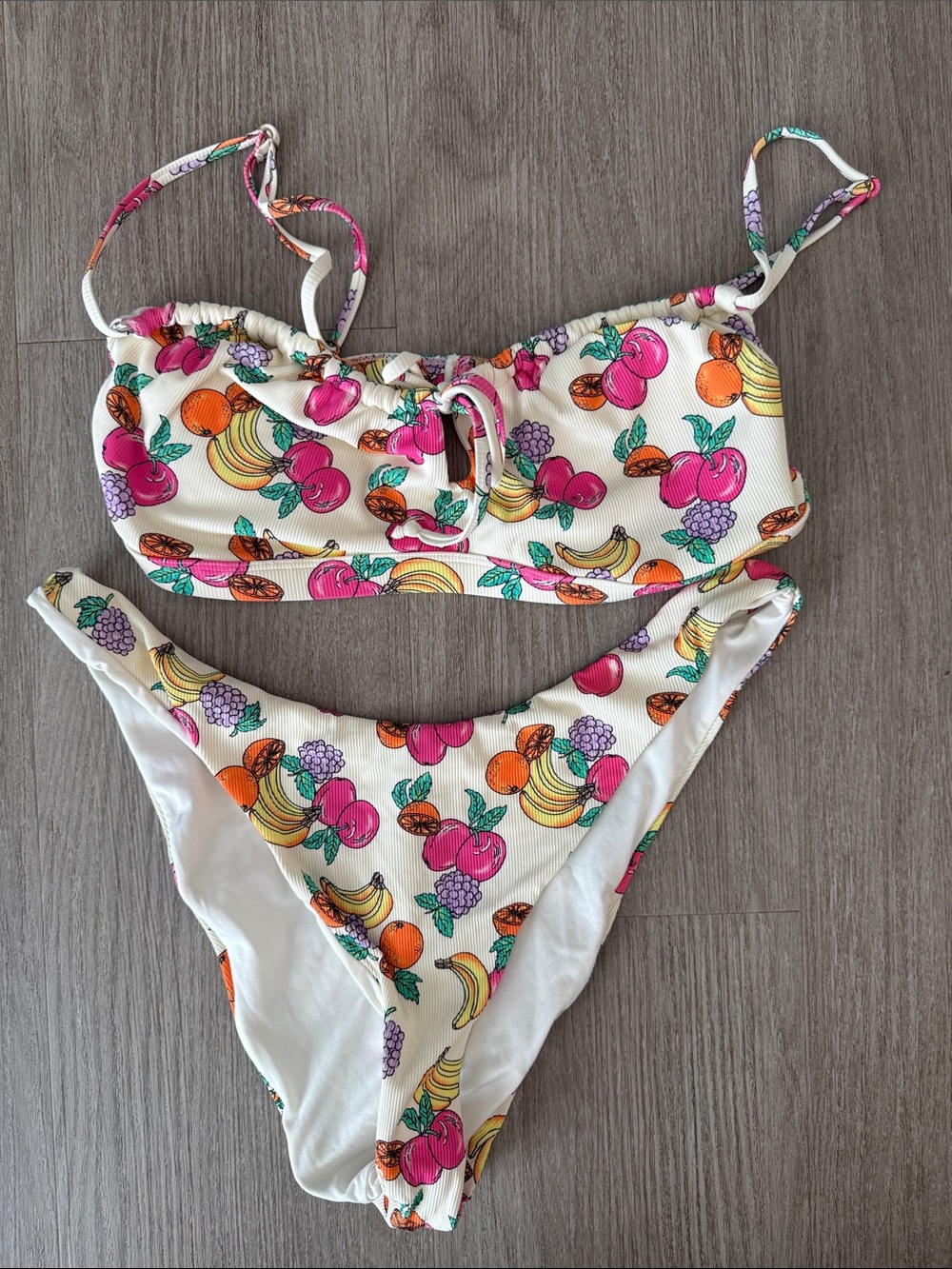 Forever 21 White Fruit Print Bikini Set - Pink, Orange, Yellow, Green, Purple